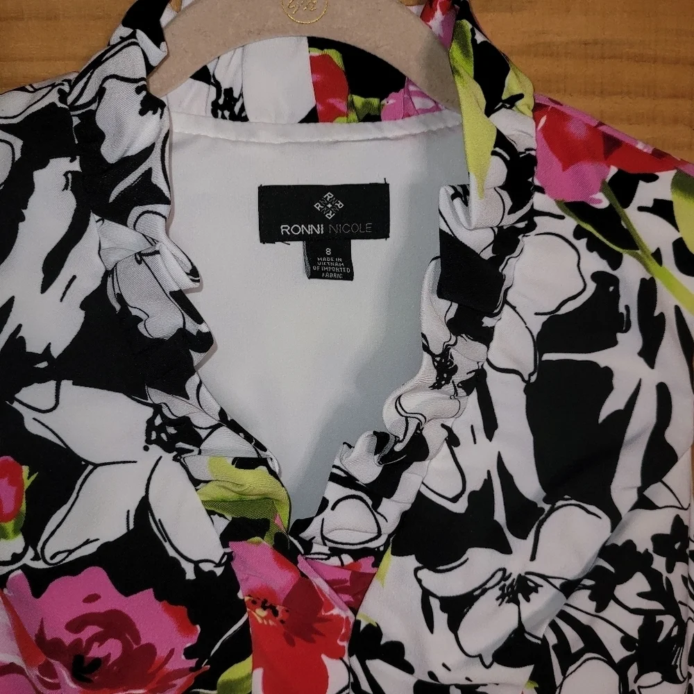 NWT* Ronni Nicole* Sleeveless* Botanical Print Dress* Blk/ Wh/ Pnk/Gr* Sz 8